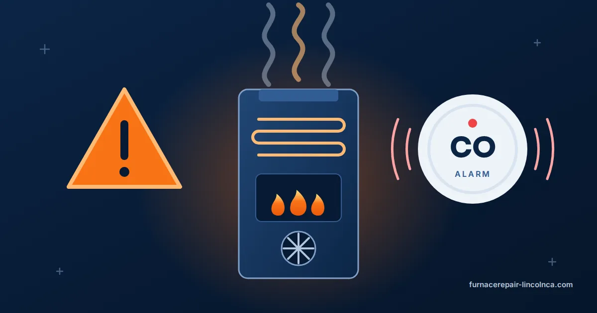 Gas furnace giving off smoke wisps between a warning sign and a sounding carbon monoxide alarm